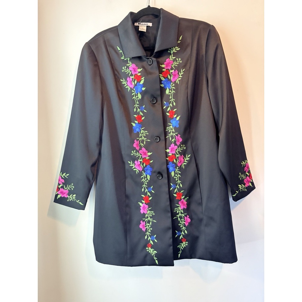 Vintage Nygard Petites‎ Embroidered Satin Jacket Black Floral 14P Festival Boho